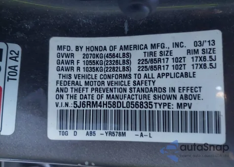 2013 Honda Cr-V Ex from USA, damaged, VIN 5J6RM4H58DL056835